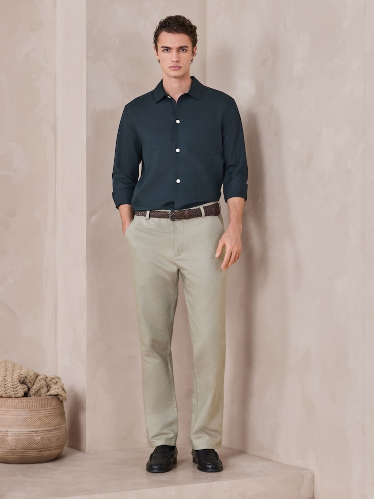 Sage Green Regular Fit Smart Linen Cotton Blend Belted Trousers - Image 2 of 9