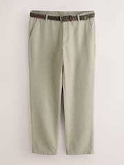 Sage Green Regular Fit Smart Linen Cotton Blend Belted Trousers - Image 5 of 9