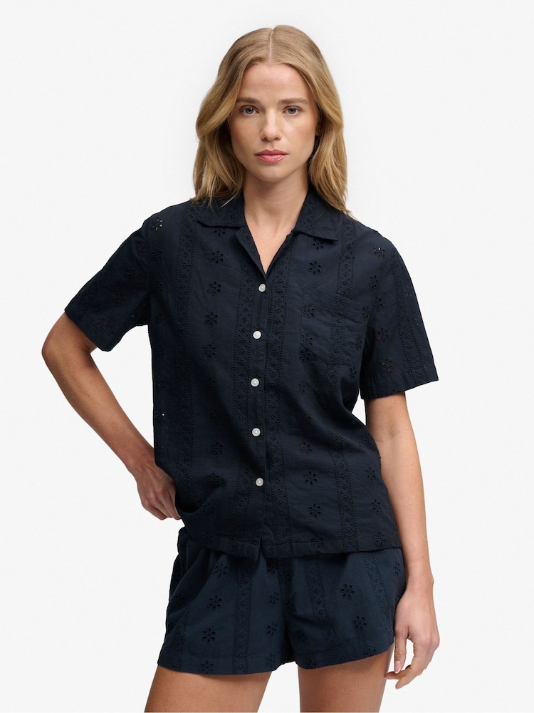Superdry Navy Heritage Broderie Short Sleeves Shirt - Image 1 of 5