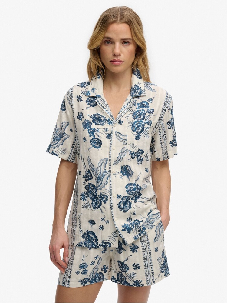 Superdry Ecru/Blue Beach Printed Short Sleeves Shirt - Image 1 of 5