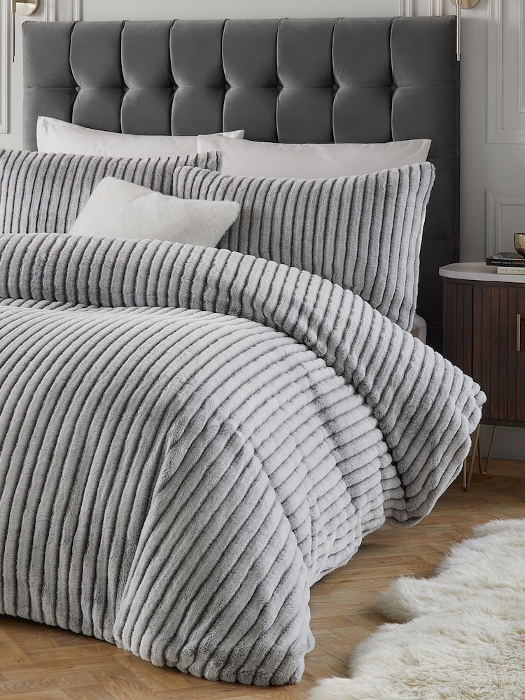 Paoletti Grey Alpine Striped Faux Fur Duvet Cover Set - Image 3 of 3 Paoletti Grey Alpine Striped Faux Fur Duvet Cover Set - Image 3 of 3