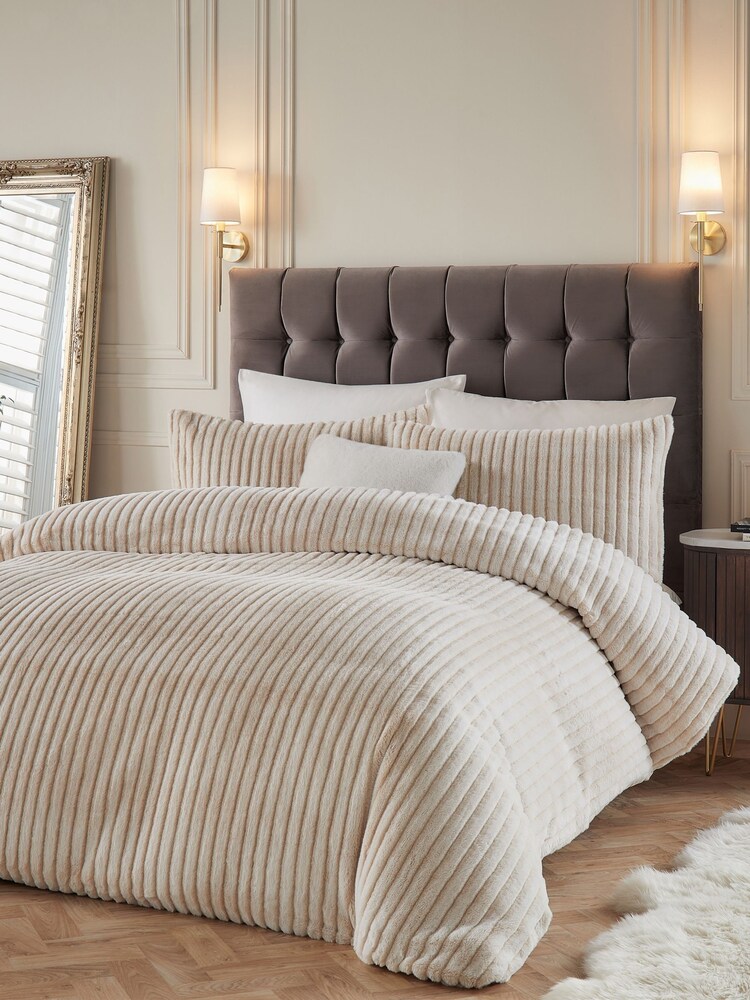 Paoletti Champagne Alpine Striped Faux Fur Duvet Cover Set - Image 1 of 3