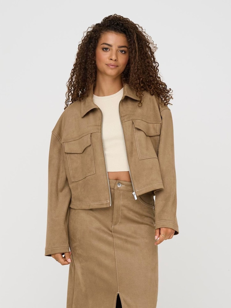 ONLY Brown Faux Suede Jacket - Image 1 of 8 ONLY Brown Faux Suede Jacket - Image 1 of 8