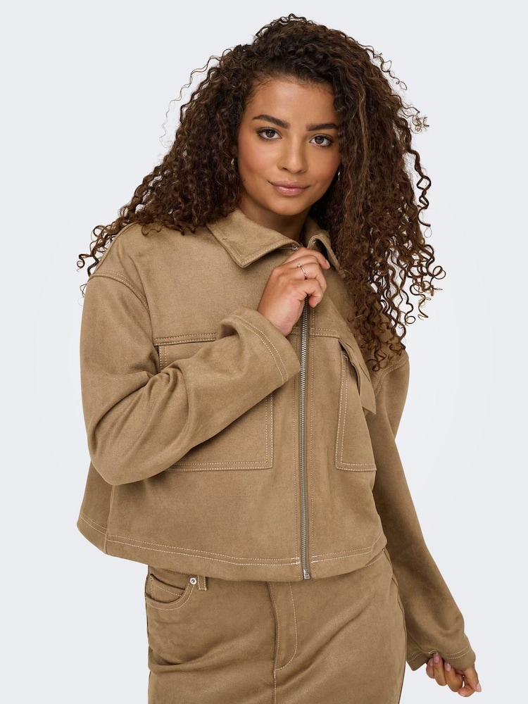 ONLY Brown Faux Suede Jacket - Image 2 of 8 ONLY Brown Faux Suede Jacket - Image 2 of 8