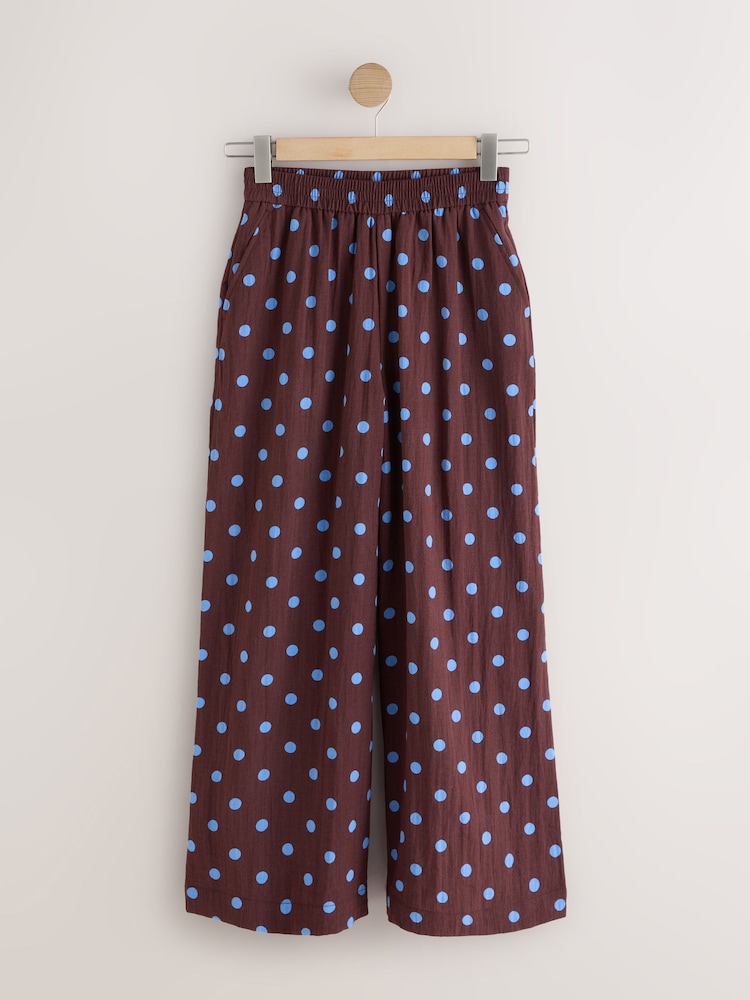 Chocolate Brown/Blue Spot - Pull On Super Wide Leg Trousers - 4的图像1｝