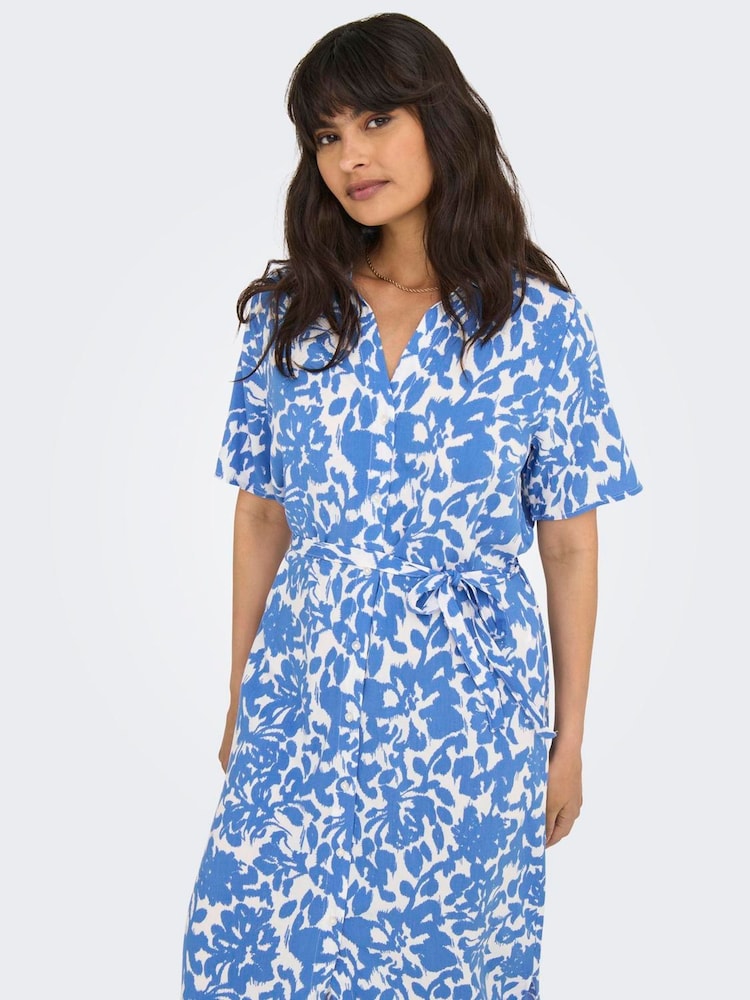 blue floral button down dress La Femme 31936