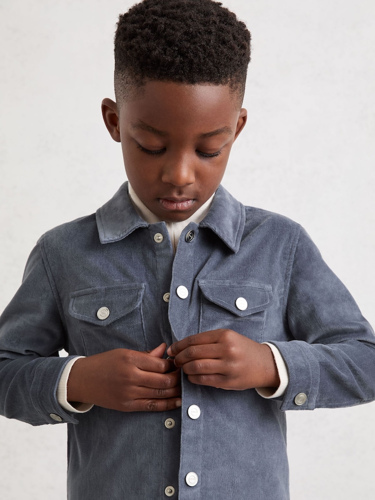 Reiss Airforce Blue Vendetta Velvet Press-Stud Over shirt - Image 1 of 4 Reiss Airforce Blue Vendetta Velvet Press-Stud Over shirt - Image 1 of 4