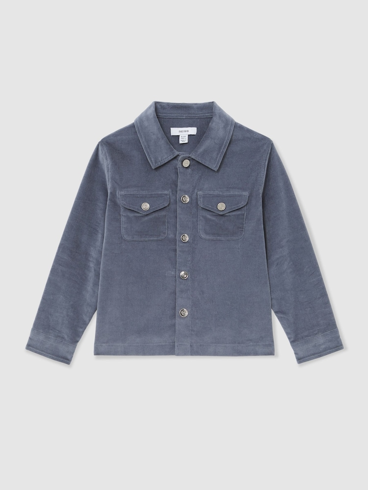 Reiss Airforce Blue Vendetta Velvet Press-Stud Over shirt - Image 2 of 4 Reiss Airforce Blue Vendetta Velvet Press-Stud Over shirt - Image 2 of 4