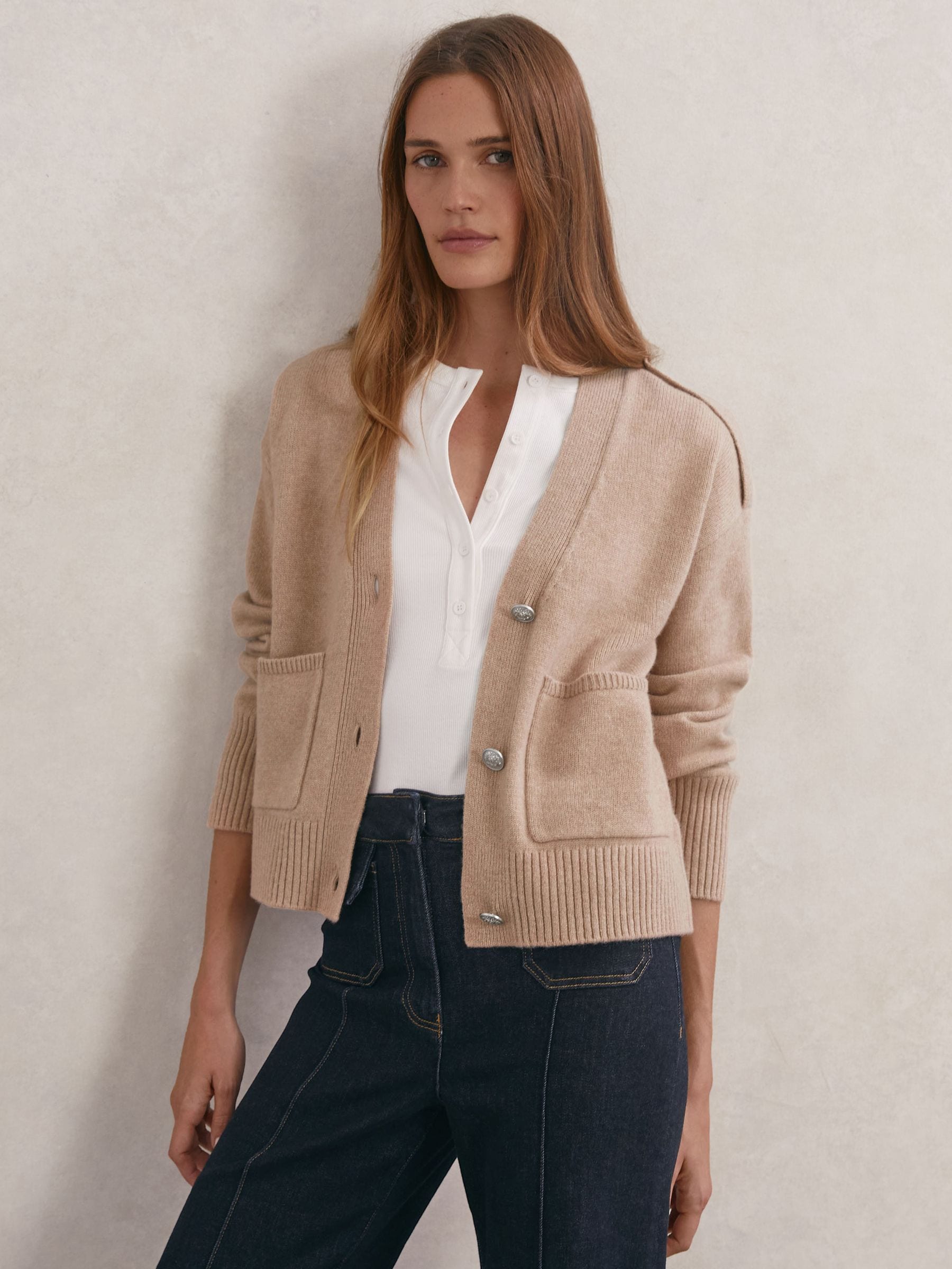 Reiss Beige Neutral Wool-cashmere Button-through Cardigan