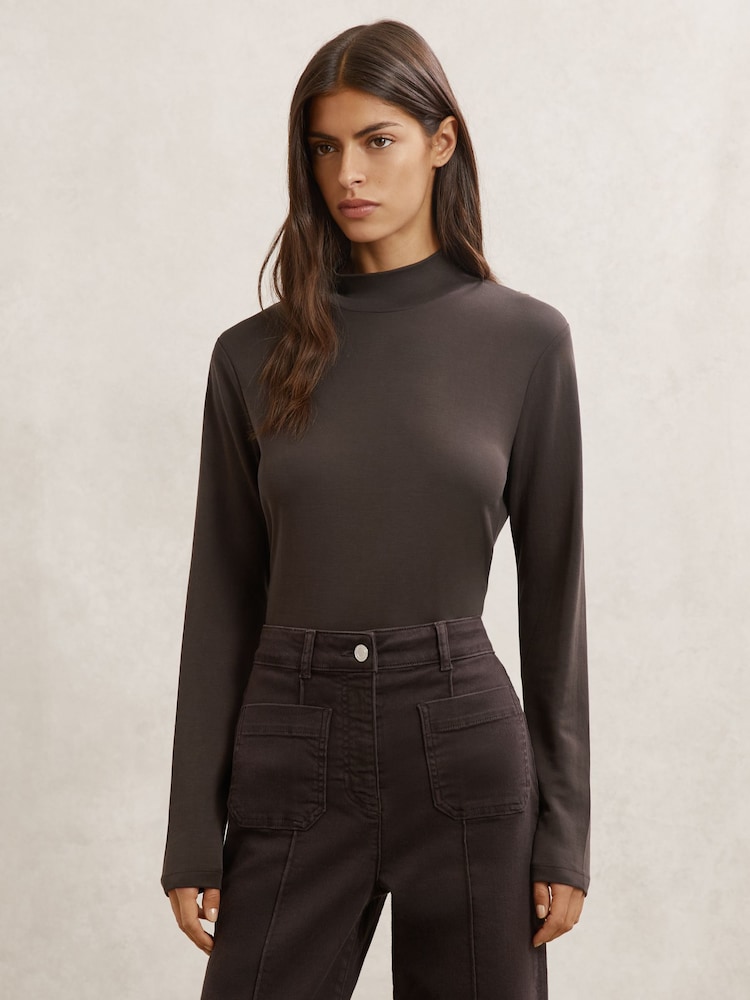 Reiss Chocolate Brown Molly Lyocell-Blend Funnel-Neck Top - Image 1 of 6 Reiss Chocolate Brown Molly Lyocell-Blend Funnel-Neck Top - Image 1 of 6