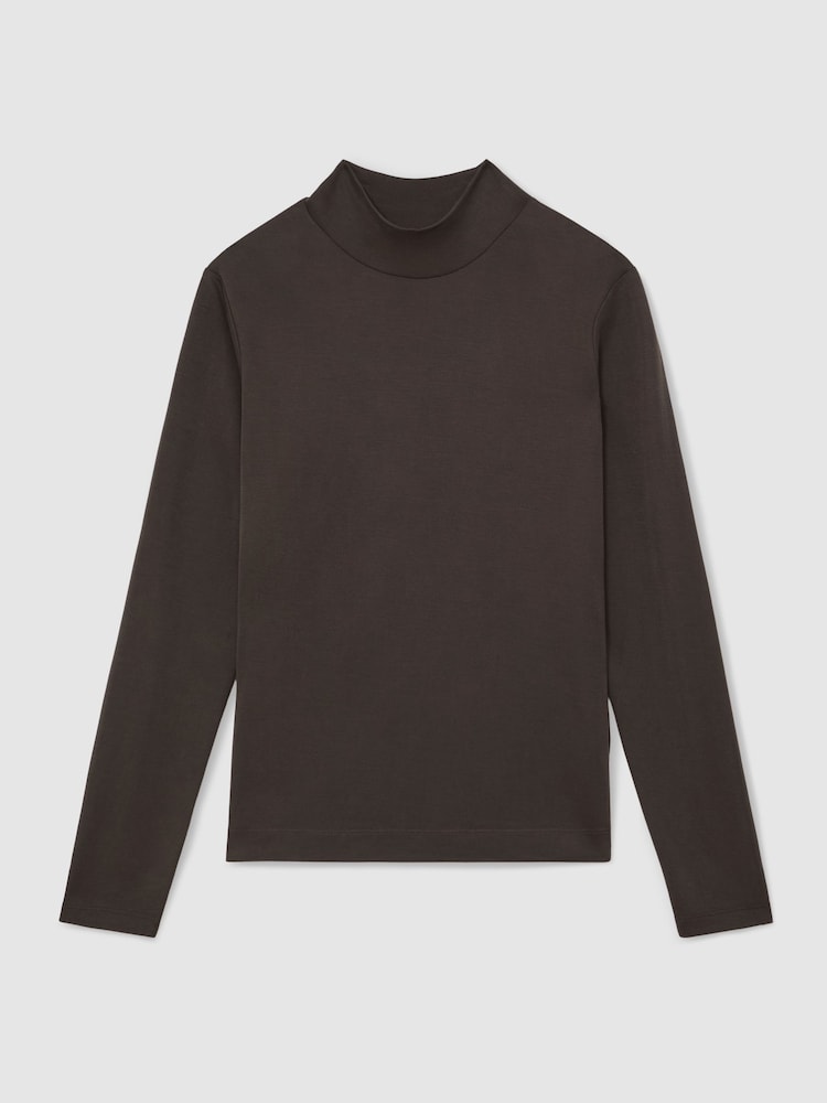 Reiss Chocolate Brown Molly Lyocell-Blend Funnel-Neck Top - Image 2 of 6 Reiss Chocolate Brown Molly Lyocell-Blend Funnel-Neck Top - Image 2 of 6