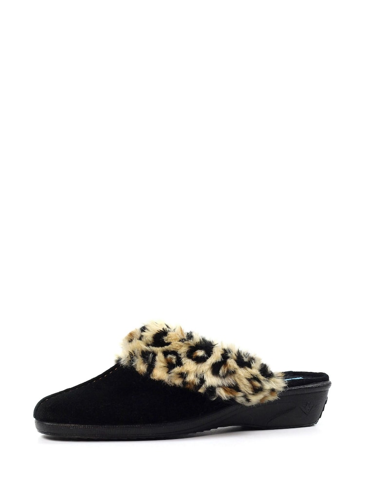Lunar Burnie Leopard Print Trim Mule Black Slippers - Image 2 of 6