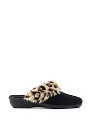 Lunar Burnie Leopard Print Trim Mule Black Slippers - Image 3 of 6