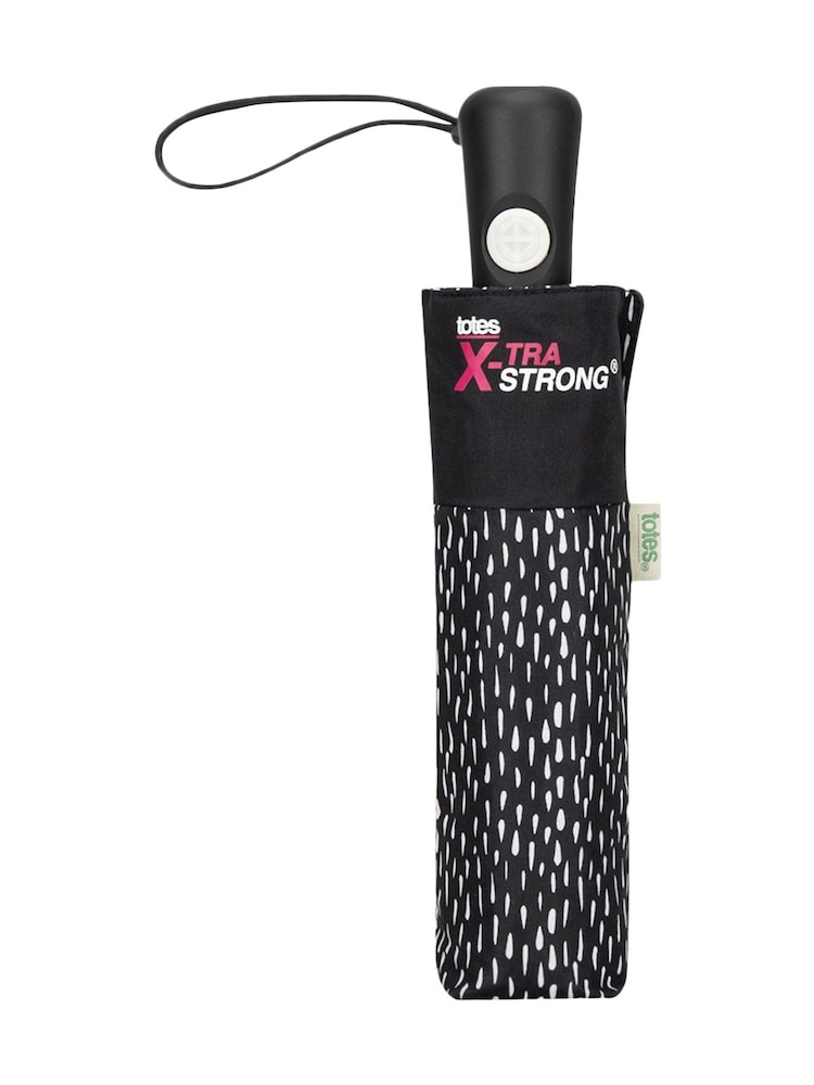 Totes Black Xtra Strong Auto Open Close B&W Drops Print Umbrella - Image 3 of 3 Totes Black Xtra Strong Auto Open Close B&W Drops Print Umbrella - Image 3 of 3