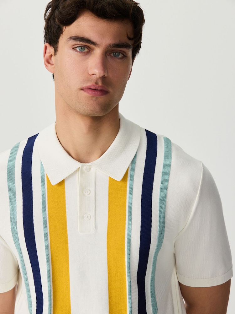 White Regular Fit Cotton Rich Short Sleeve Stripe Knit Polo Shirt - Image 1 of 8