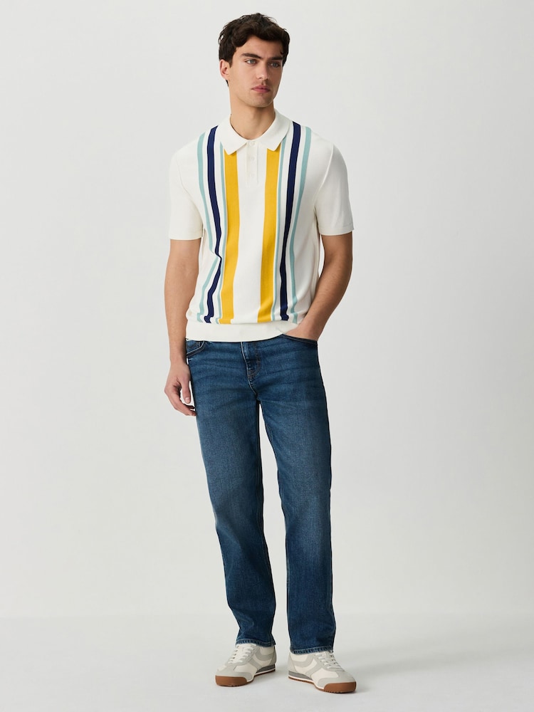 White Regular Fit Cotton Rich Short Sleeve Stripe Knit Polo Shirt - Image 2 of 8