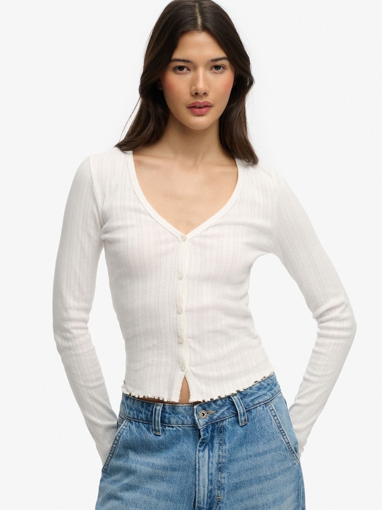 לבן - Superdry Athletic Essential Pointelle Cardigan - תמונה 1 מתוך 5