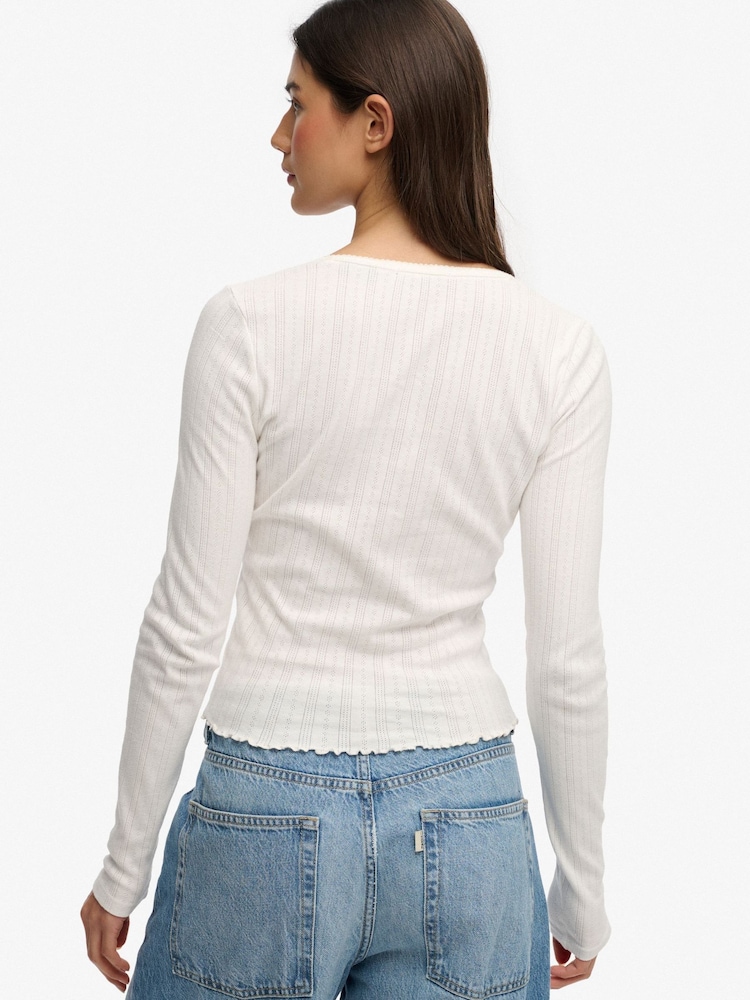 לבן - Superdry Athletic Essential Pointelle Cardigan - תמונה 2 מתוך 5