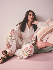 White Embroidered Tulip Textured Button Through Pyjamas - Image 2 of 8