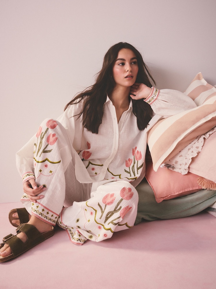 White Embroidered Tulip Textured Button Through Pyjamas - Image 2 of 8