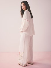 White Embroidered Tulip Textured Button Through Pyjamas - Image 3 of 8