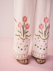 White Embroidered Tulip Textured Button Through Pyjamas - Image 8 of 8