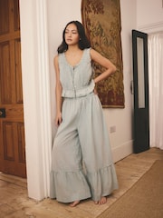 Teal Blue Cotton Embroidered Vest Pyjamas - Image 1 of 6