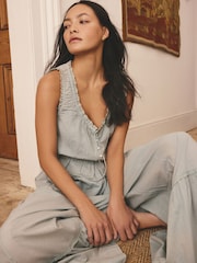 Teal Blue Cotton Embroidered Vest Pyjamas - Image 3 of 6