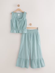 Pale Blue Cotton Embroidered Built up Vest and Wide Leg Floaty Pyjama Bottoms Set - Image 7 of 11