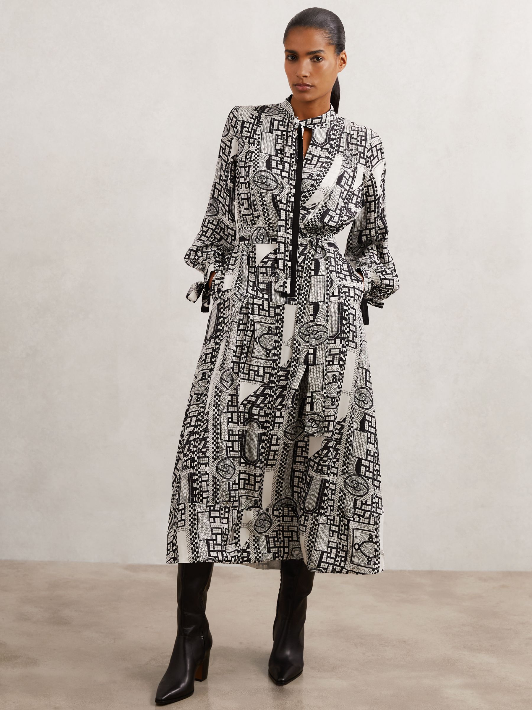 Buy Reiss Black/Ivory Marie Geometric-Print Tie-Neck Dress from