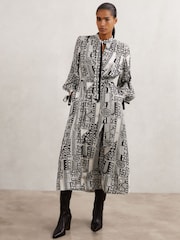 Reiss Black/Ivory Marie Geometric-Print Tie-Neck Dress - Image 1 of 6