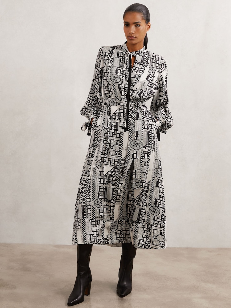 Reiss Black/Ivory Marie Geometric-Print Tie-Neck Dress - Image 1 of 6 Reiss Black/Ivory Marie Geometric-Print Tie-Neck Dress - Image 1 of 6