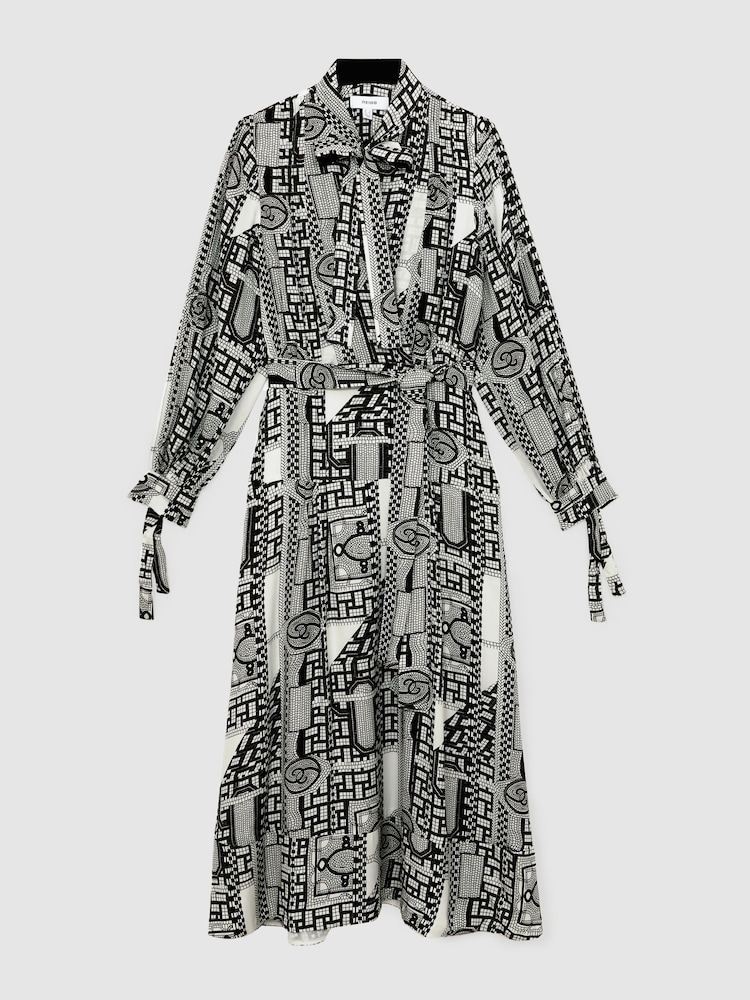 Reiss Black/Ivory Marie Geometric-Print Tie-Neck Dress - Image 2 of 6 Reiss Black/Ivory Marie Geometric-Print Tie-Neck Dress - Image 2 of 6