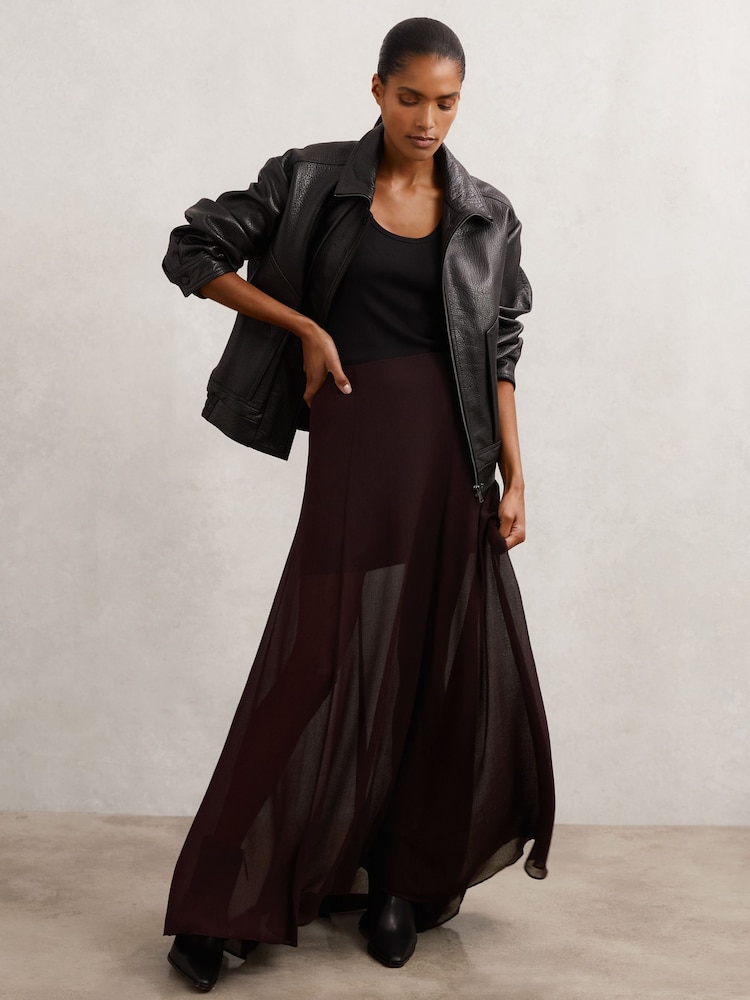 Reiss Chocolate Brown Bexi Sheer Textured Maxi Skirt - Image 1 of 7 Reiss Chocolate Brown Bexi Sheer Textured Maxi Skirt - Image 1 of 7