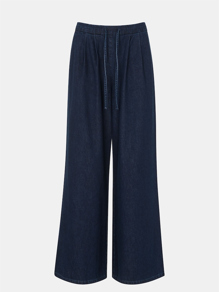 Whistles Blue Cotton Wide Leg Pleat Trousers - Image 5 of 5