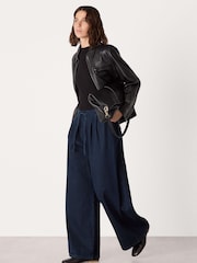 Whistles Blue Petite Cotton Wide Leg Pleat Trousers - Image 3 of 5