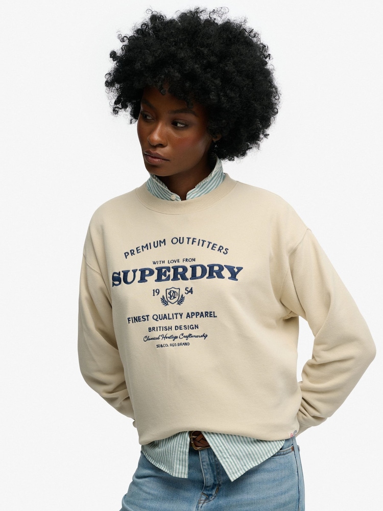Superdry Beige Luxe Casual Loose Fit Crew Neck Sweatshirt - Image 1 of 7