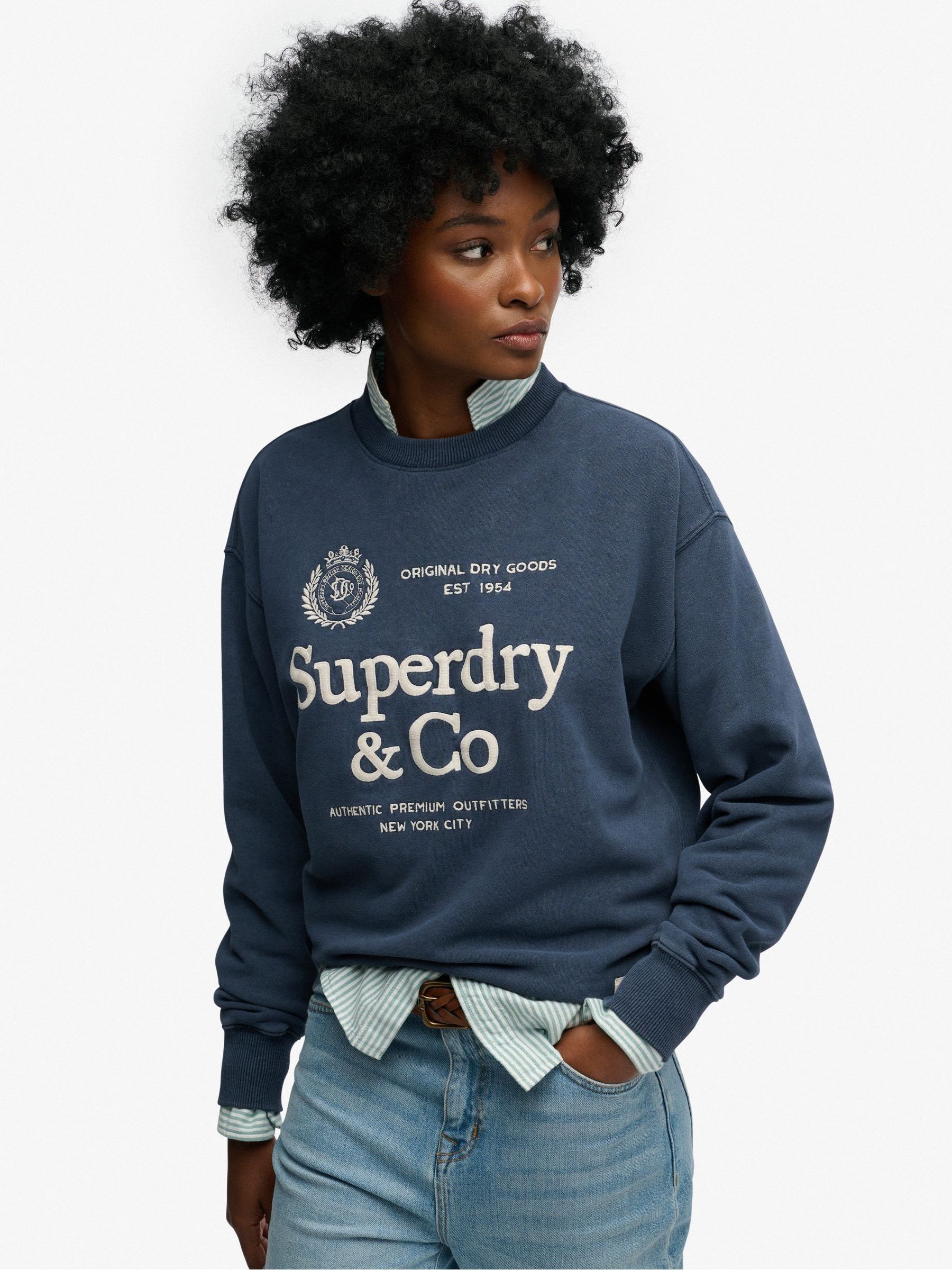 Buy Superdry Navy Luxe Casual Loose Fit Crew Neck Sweatshirt from