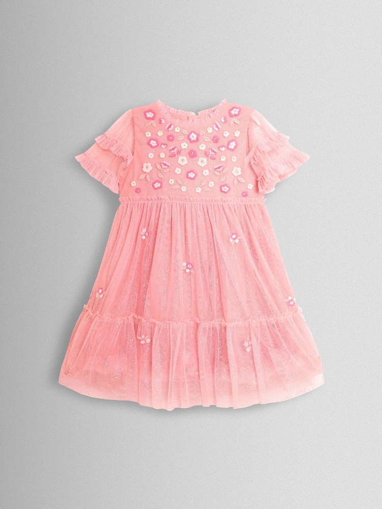 JoJo Maman Bébé Light Pink Floral Embroidered Tiered Tulle Party Dress - Image 1 of 4 JoJo Maman Bébé Light Pink Floral Embroidered Tiered Tulle Party Dress - Image 1 of 4