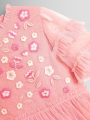 JoJo Maman Bébé Light Pink Floral Embroidered Tiered Tulle Party Dress - Image 4 of 4