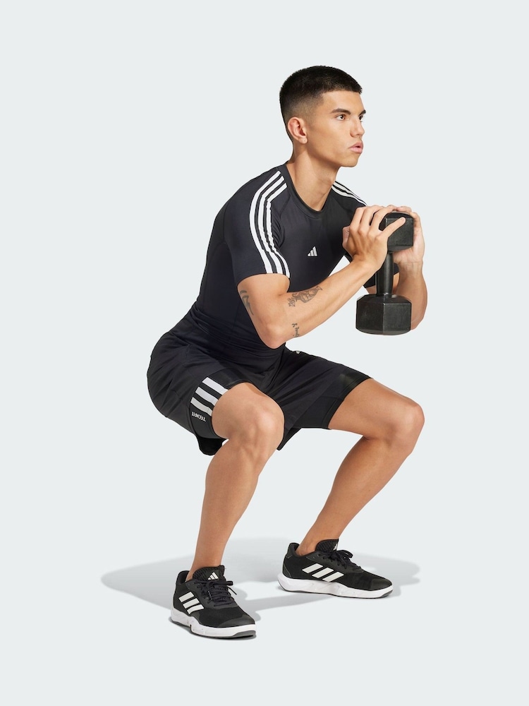 adidas Black Techfit Compression Training 3-Stripes T-Shirt - Image 1 of 4