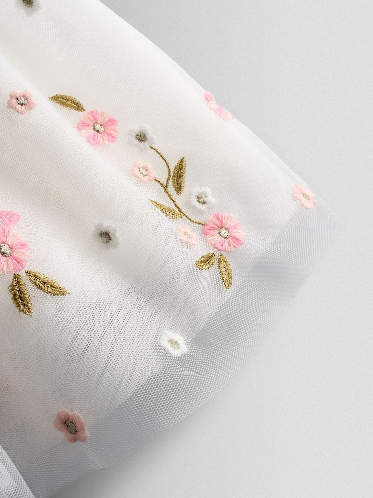 JoJo Maman Bébé White Floral Wildflower Embroidered Puff Sleeve Tulle Party Dress - Image 5 of 5