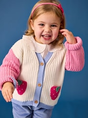 JoJo Maman Bébé Bright Pink Crochet Strawberry Pocket Cardigan - Image 1 of 5