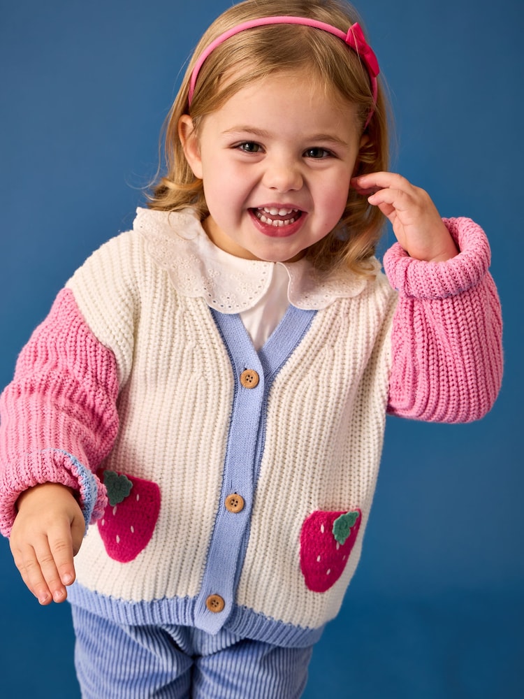 JoJo Maman Bébé Bright Pink Crochet Strawberry Pocket Cardigan - Image 1 of 5
