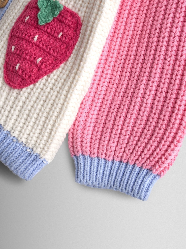 JoJo Maman Bébé Bright Pink Crochet Strawberry Pocket Cardigan - Image 5 of 5