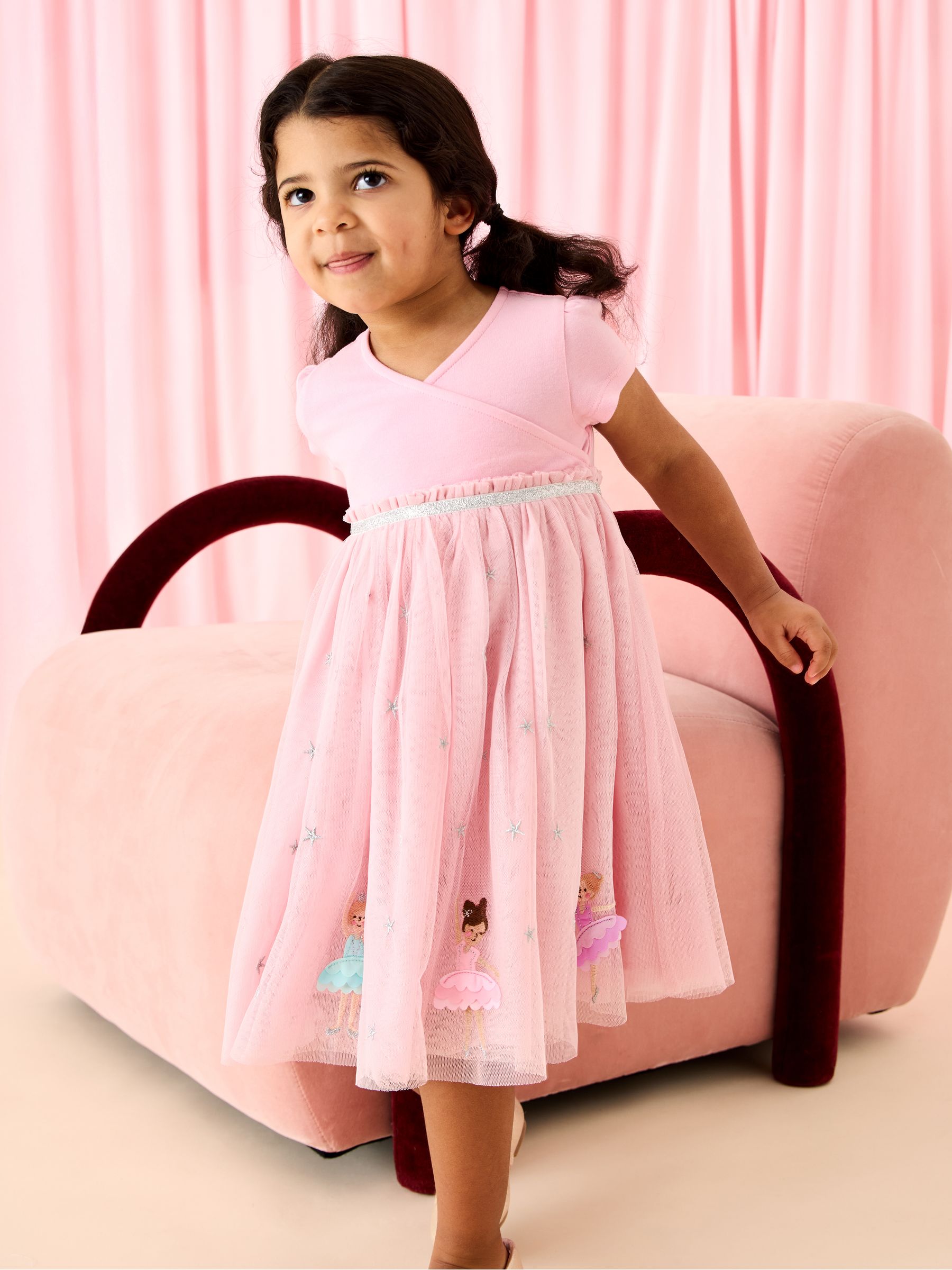 Jojo Maman Bébé Women's Pink Ballerina Appliqué Tulle Party Dress