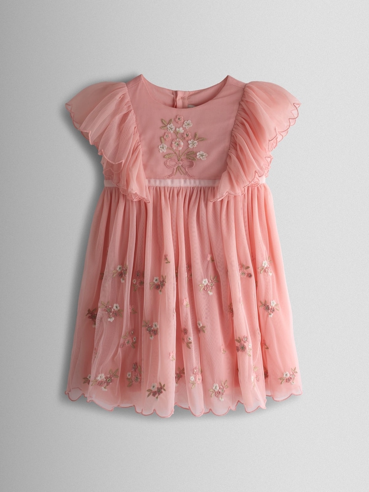 JoJo Maman Bébé Floral Embroidered Angel Sleeve Party Dress - Imaginea 1 din 6