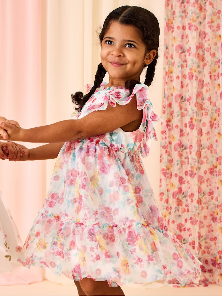 JoJo Maman Bébé Printed V Back Tulle Ruffle Party Dress - Imaginea 1 din 5
