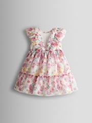 JoJo Maman Bébé Printed V Back Tulle Ruffle Party Dress - Imaginea 3 din 5