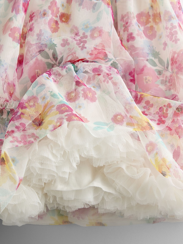 JoJo Maman Bébé Printed V Back Tulle Ruffle Party Dress - Imaginea 5 din 5